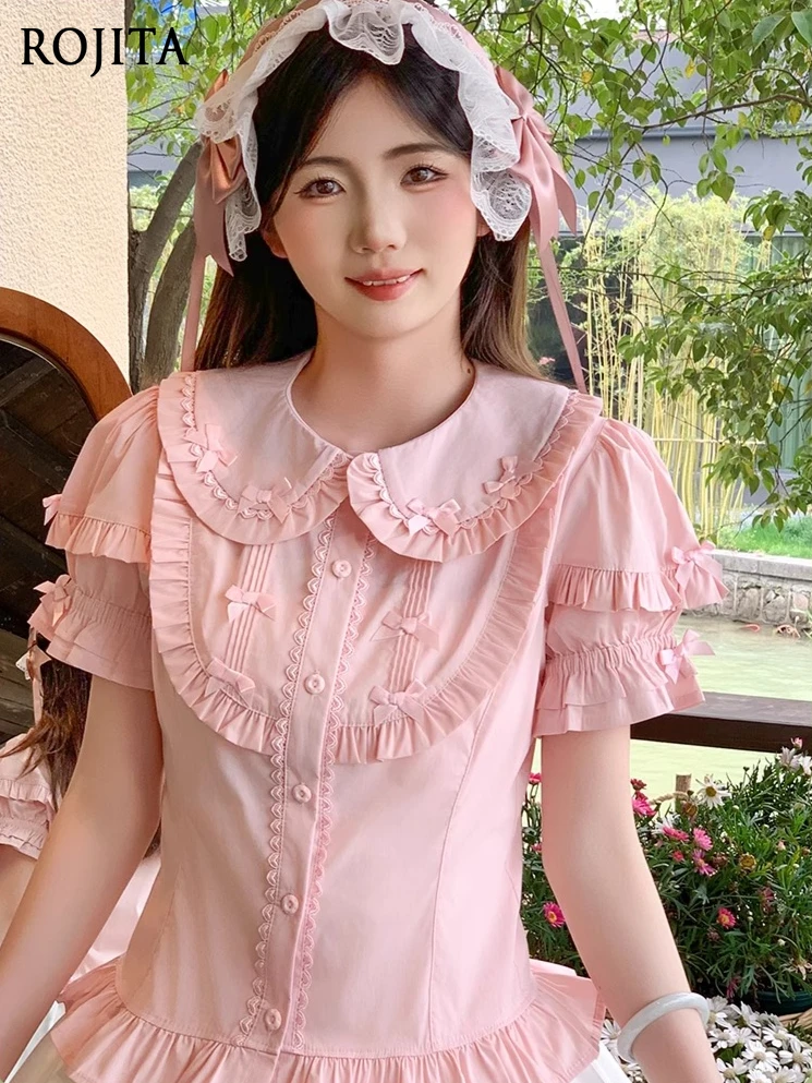 

Lolita Inner Shirt Short Sleeve Solid Color Bow 2025 Summer New Cotton Sweet Cute Lolita Doll Collar Women Tops