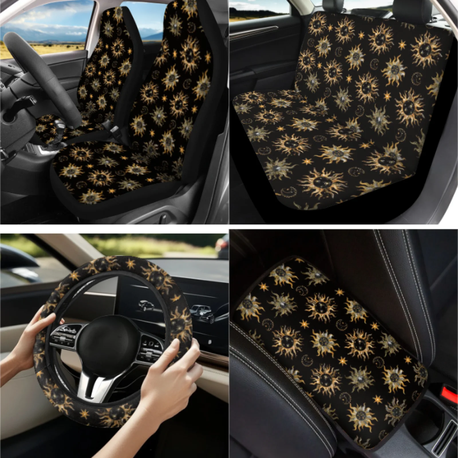 Coloranimal Moon and Star Design 13 PCS Car Seat Cover Set with Comfortable Steering Wheel Cover and Keychain for Interior