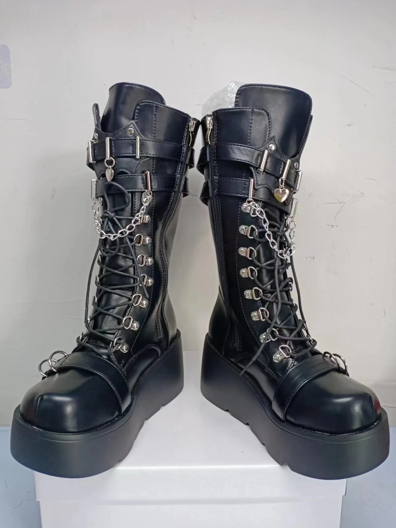 Shoes for Women Boots Platform Gothic Lolita Belt Buckle Mid Calf Sneakers Lace-up High Heels Cosplay Round Toe Ladies on Offer