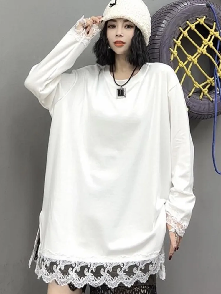 

Европейская футболка больших размеров Long Sve Fce, женская весенне-осенне-зимняя свободная кружевная футболка средней длины