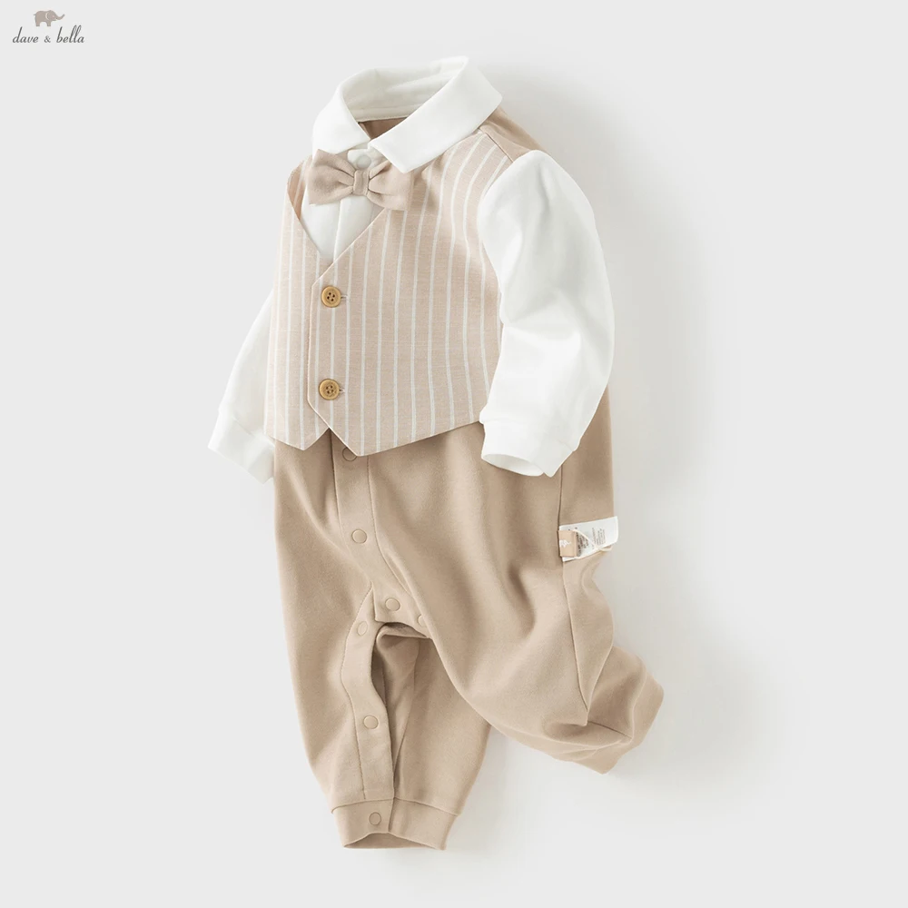 Dave Bella Baby Spring Long Sleeve Jumpsuit Boys Stripe Fake Two-pieces Romper Cotton Newborn Creeper Clothes DB1262005