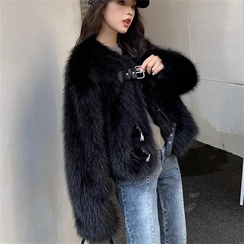 Fashion Fur Coat Women Short Jacket Faux Fox Fur Jackets Streetwear Ladies O-neck Fur Tops Autumn Winter Black Grey Fur Coats