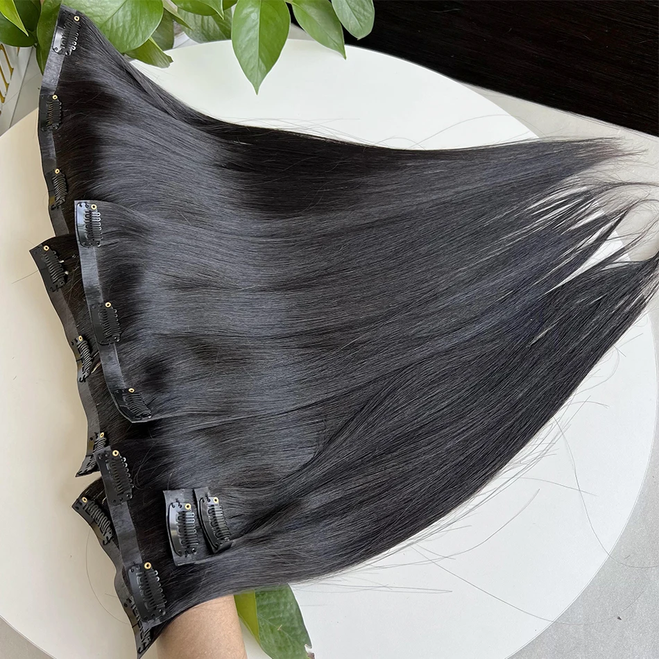 Natutal lurus 4C klip dalam ekstensi rambut PU kain 100% rambut manusia mentah asli mulus tidak diproses 100g 7 buah/set