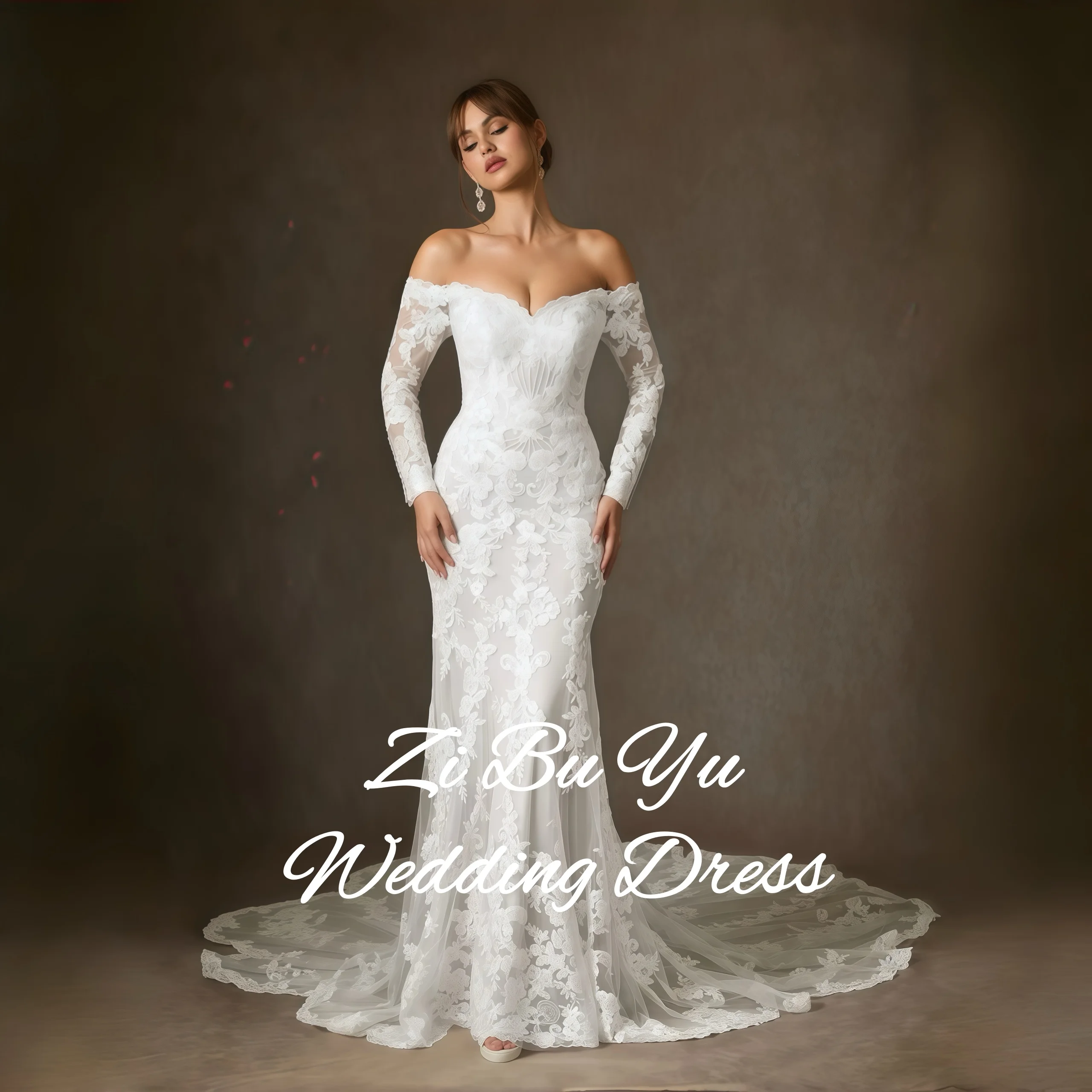 

Индивидуальный Элегантный Свадебный Платье с Открытыми Плечами, Вырезом «Сердечко», Открытой Спиной, Длинными Рукавами, 3D Цветочными Кружевными Аппликациями и Тюлем