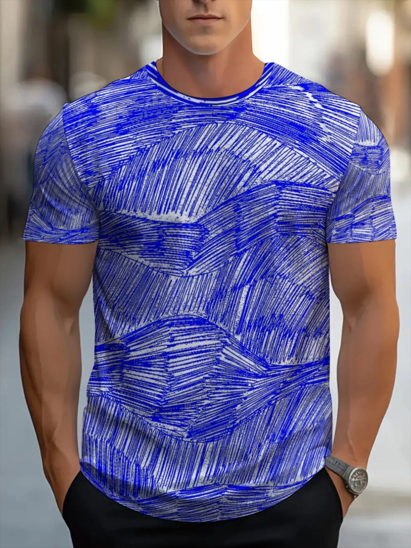 Men Blue Sketch Cross Hatch Textured Print Crew Neck Short Sleeve Tee