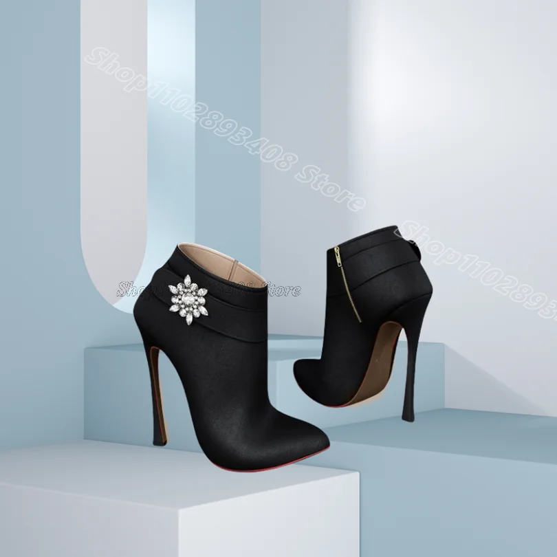 

Black Crystal Decor Solid Ankle Boots Pointed Toe British Style Matte Leather Women Party Casual Boots 2025 Zapatos Para Mujere