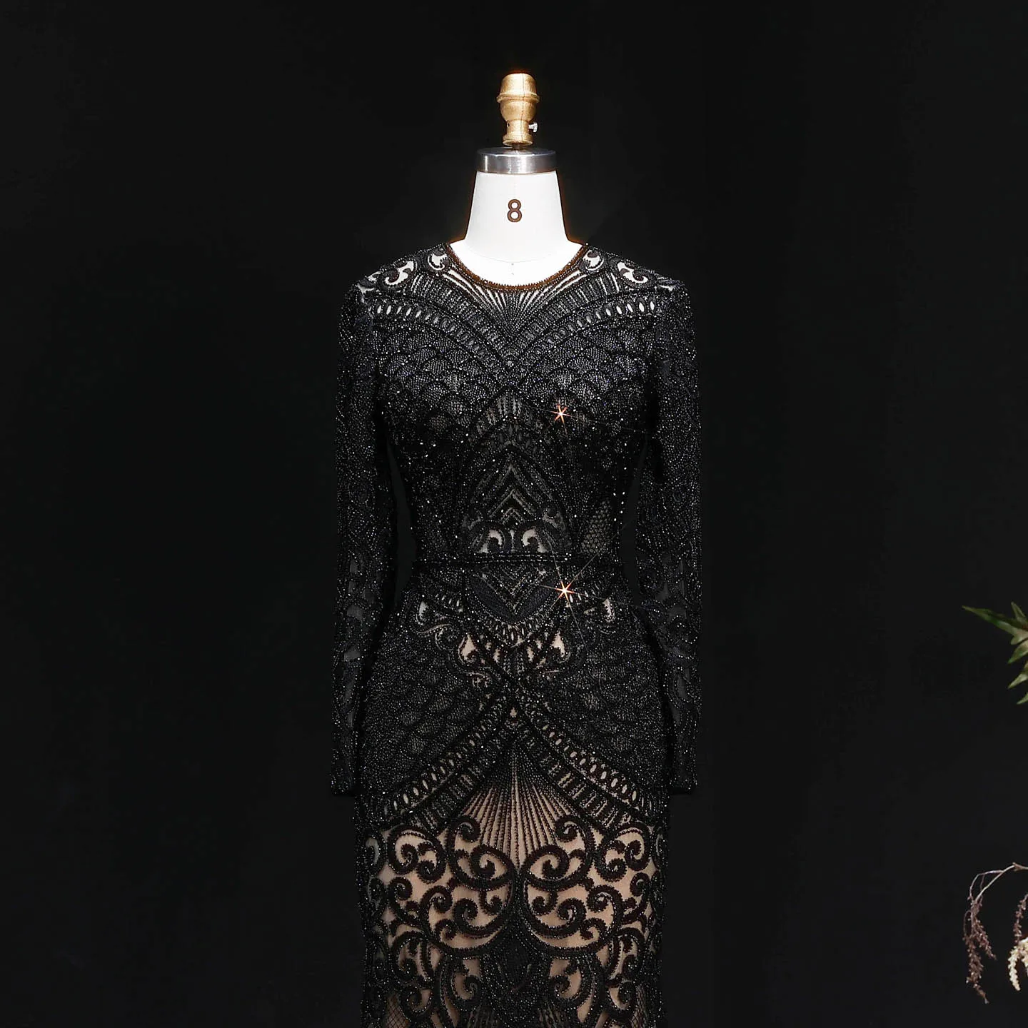 Sharon Said Dubai Übergröße Schwarzes Langarm-Paillettenkleid mit Perlen, Meerjungfrauen-Abendkleid, Saudi-Arabisches Damen-Ballkleid SS056 Maßanfertigung – Detail 20