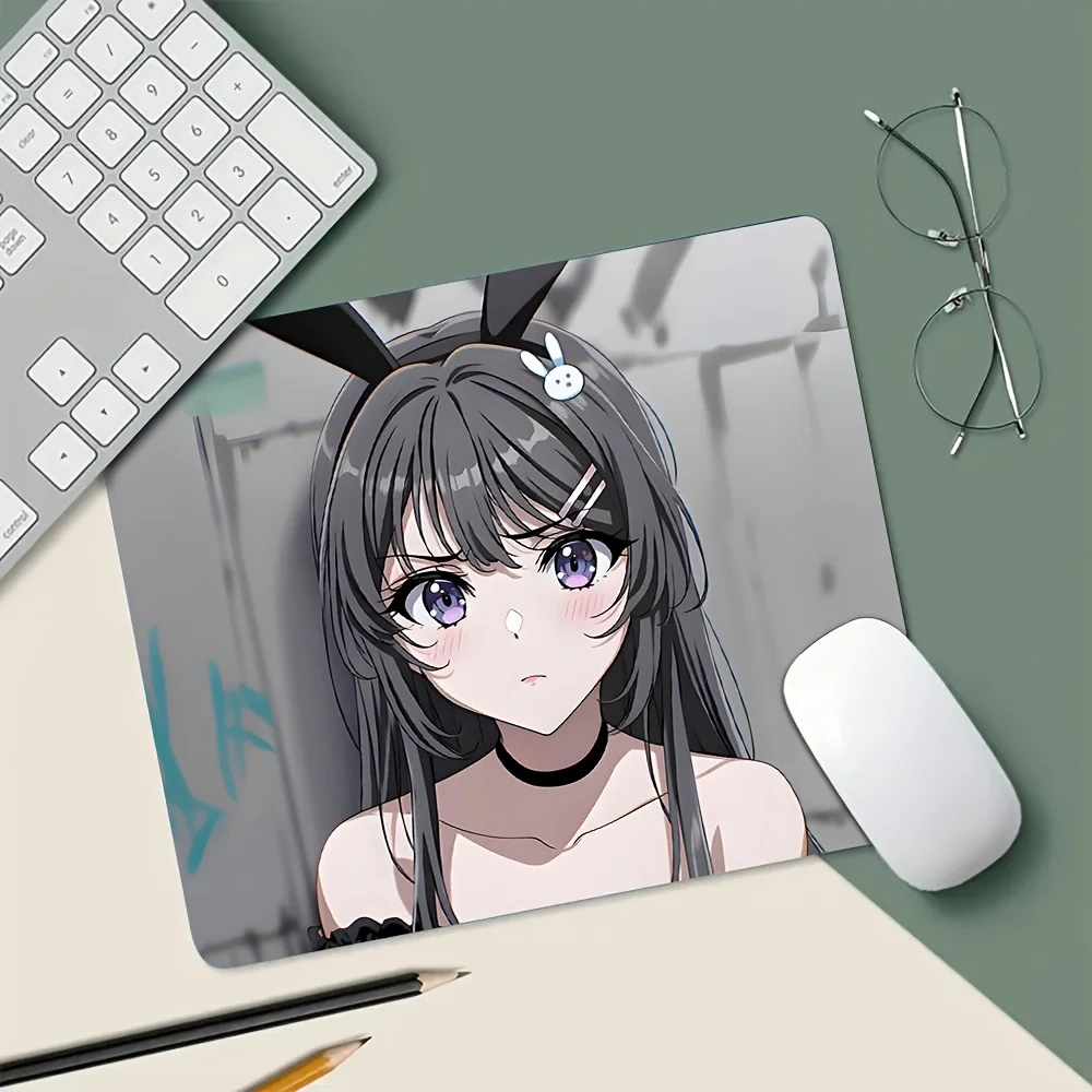 Kawaii Anime Style Bunny Girl Mouse Pad, Cute Black Hair Purple Eyes Rabbit Ears Desk Mat, Non-Slip Smooth Gaming Mousepad