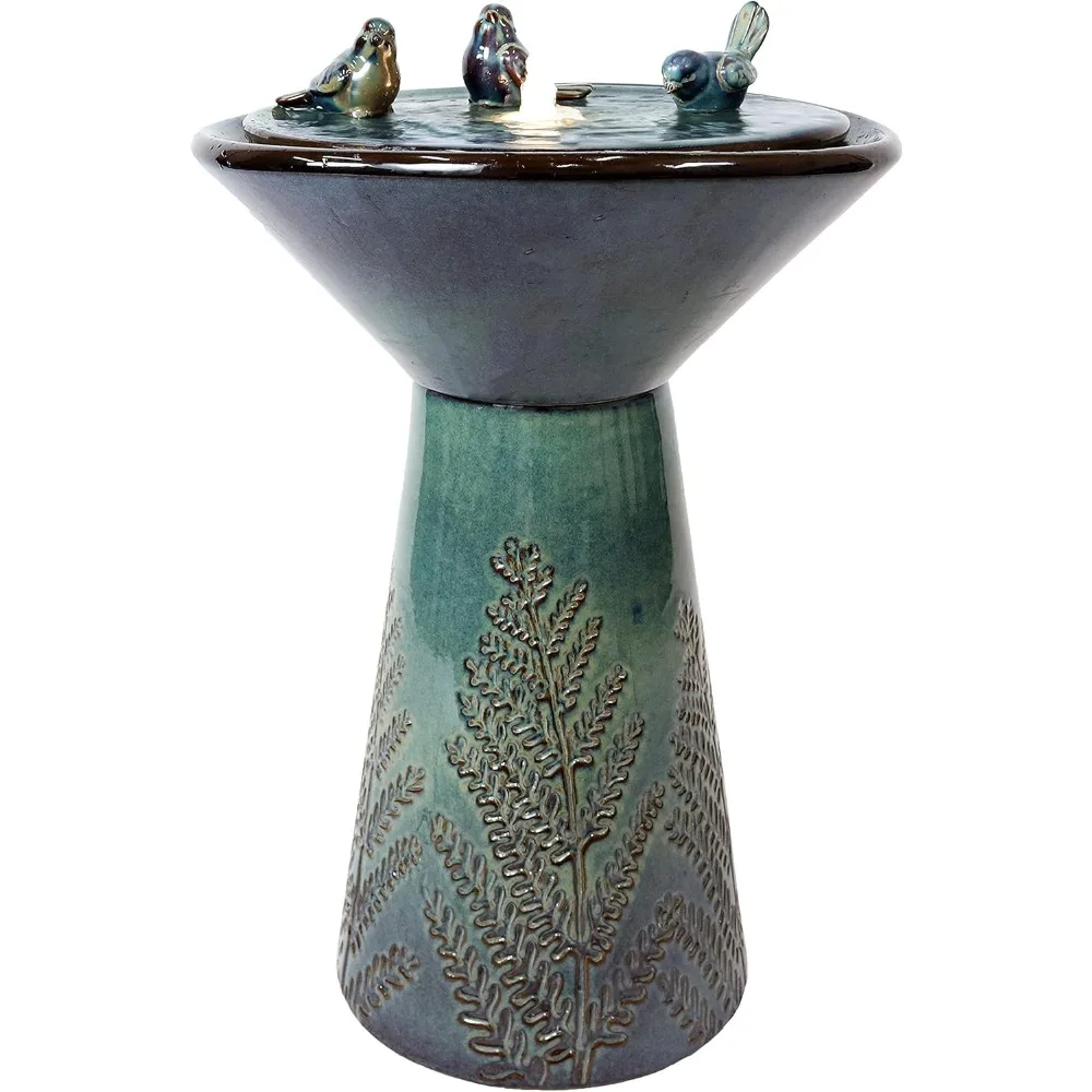 Gathering Birds 28.25-Inch Ceramic Water Fountain with LED Lights - Electric Submersible Pump with Adjustable Flow Green