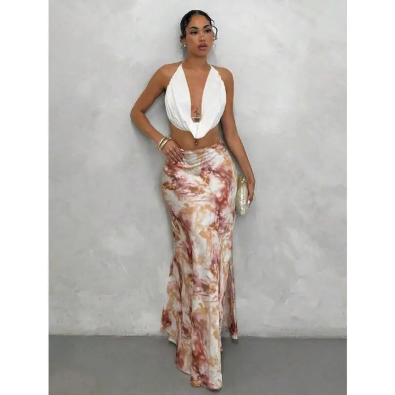 Ele Una línea de falda midi con estampado completo transfronterizo nuevo modelo Vintage Sle Ciwalk pantalones de nueve piezas Micro poliéster elástico