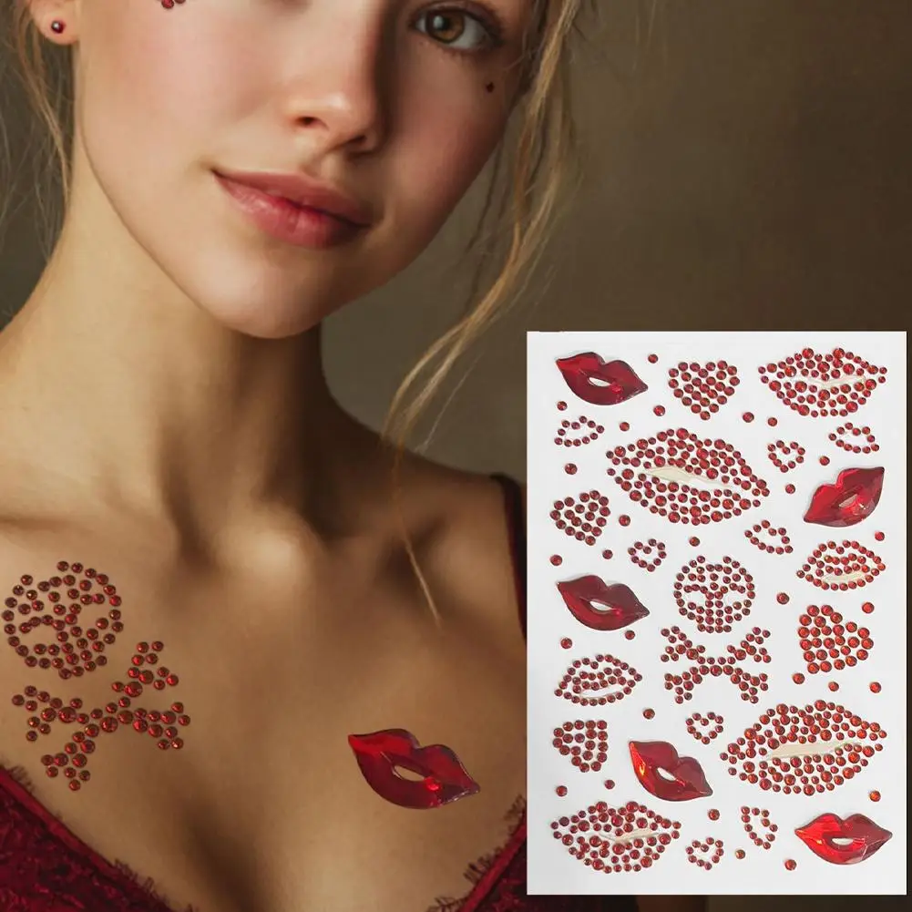 

Valentine's Day Face Gems, Red Heart & Lips Rhinestone & Self-Adhesive Body Supplies Makeup Glitter Stickers Tattoos Face P U5H4