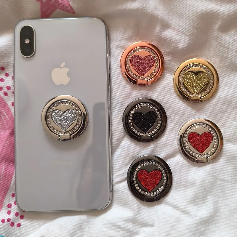 

Diamond Bling Shiny Heart Love Metal Mobile Phone Finger Ring Bracket Universal Phone Holder Cover Case Accessories Stand Holder