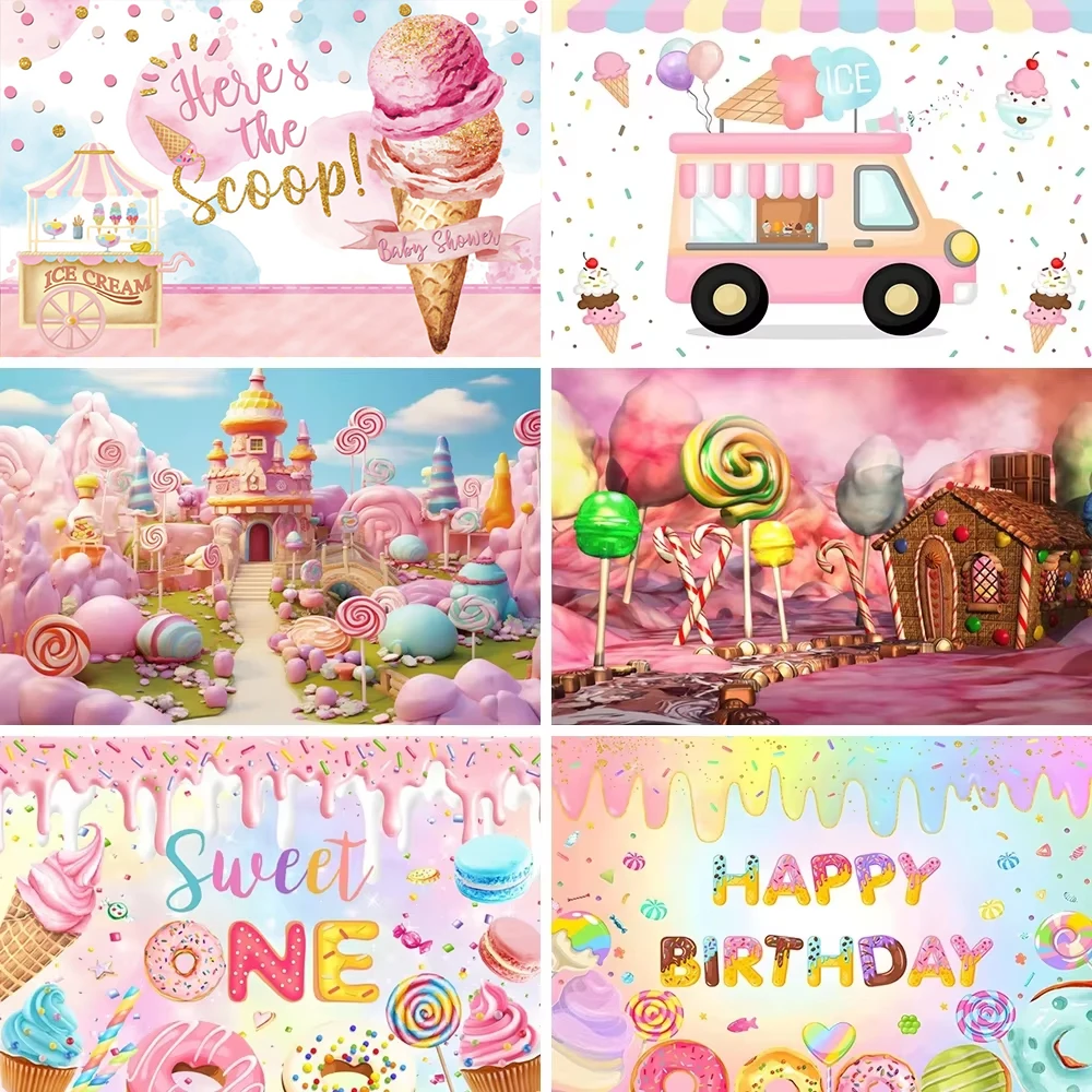 

hraiufc Pink White Ice Cream Baby Shower Birthday Photo Backdrops Children Kids Newborn Photography Backgrounds For Photo Studio