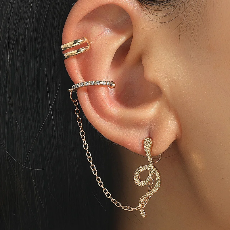 New Snake ear Clip Piercing Chain Tassel Earrings for Women Punk Metal Zircon EAR Cuff Vintage Clips Earring Set Female Jewelry