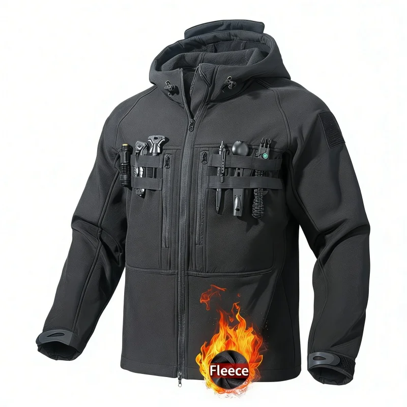 

Men's Windproof Outdoor Soft Shell Jacket (with Cap and Pocket) Autumn and Winter Camping, Hiking, Motorcycle Riding Jacket