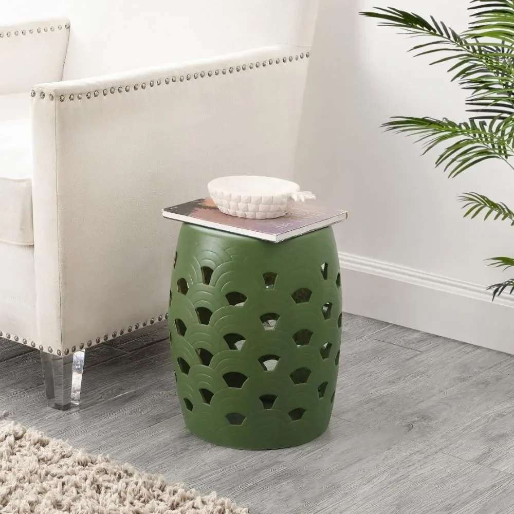 Amaissa Moss Green Ceramic Decorative Garden Stool - Versatile Side Table & Plant Stand for Living Room, Bedroom & Garden