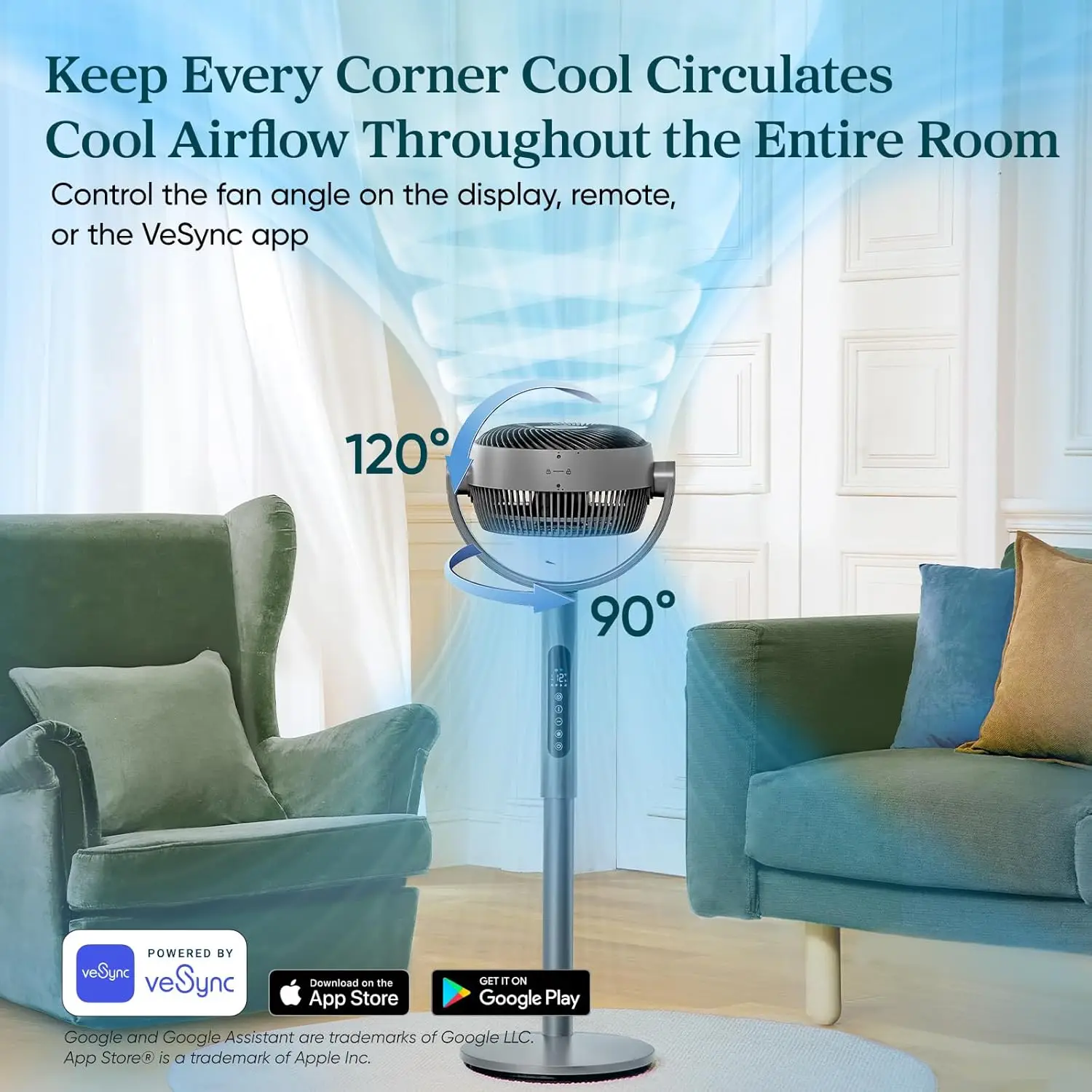 

Standing Smart Fan for Bedroom, 1451CFM Ultra-High Airflow, 12H Timer with WiFi/Voice/Remoter, Auto 120°+90° Oscillating, Quite