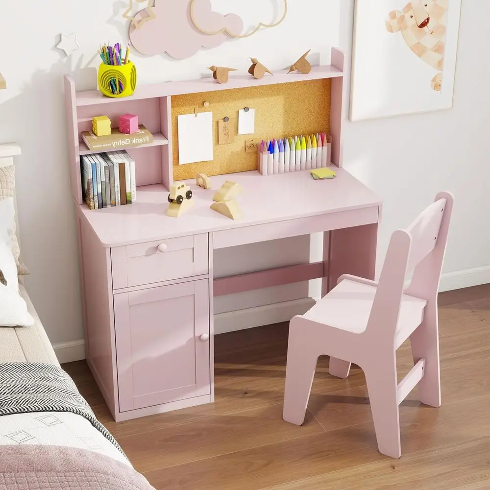 

Kids Study Desk with Chair, Children Study Table and Chairs or 5-12 Years Old, Wooden Kids Desk and Chair Set with Hutch and Sto