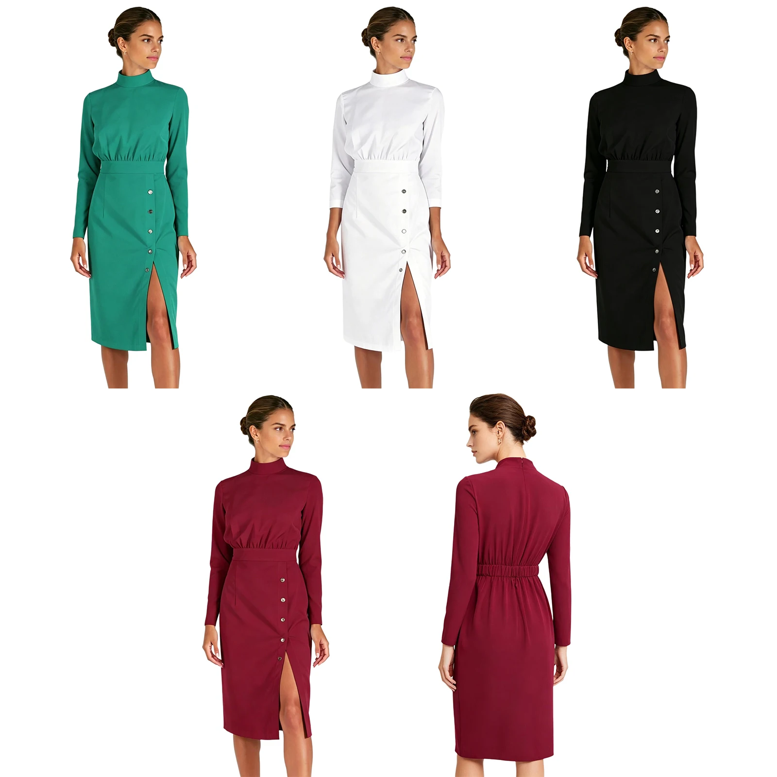 Women Nurse Scrub Uniform Long Sleeve Elastic Waist Button Zipper Dress with Pockets Medical Doctor Beautician Spa Workwear