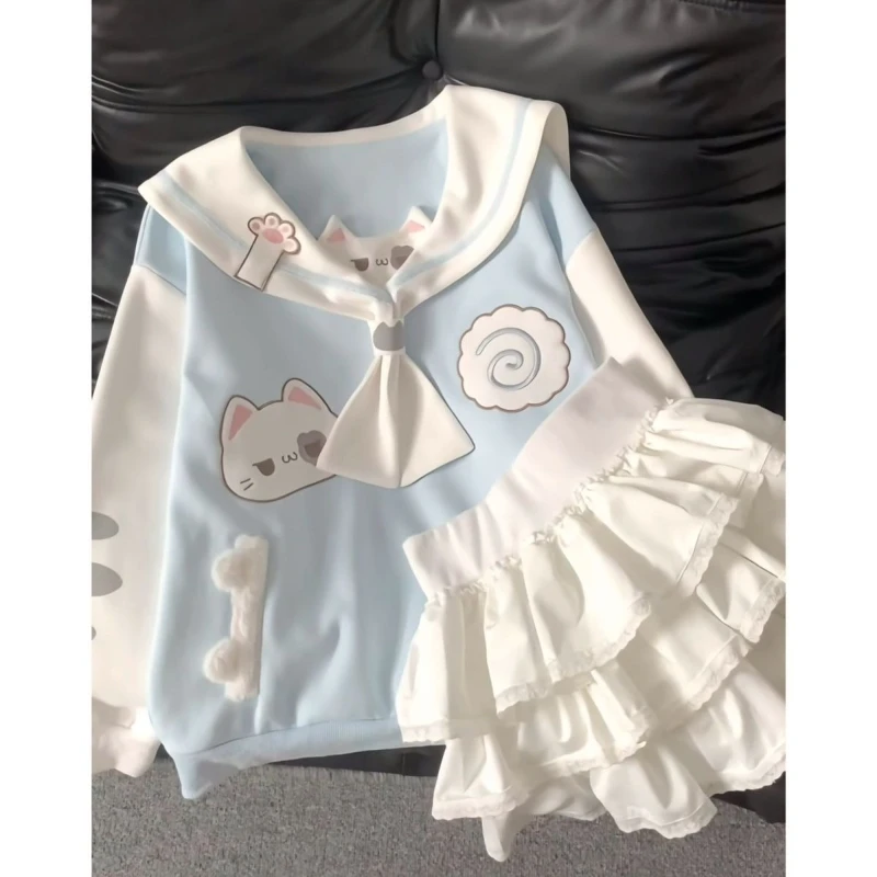 اليابانية Kawaii طويلة الأكمام هوديي الصلبة طوق القط لطيف طباعة الحلو أعلى ضئيلة المرقعة آذان القط ربيع الخريف 2025 وصول جديد #4