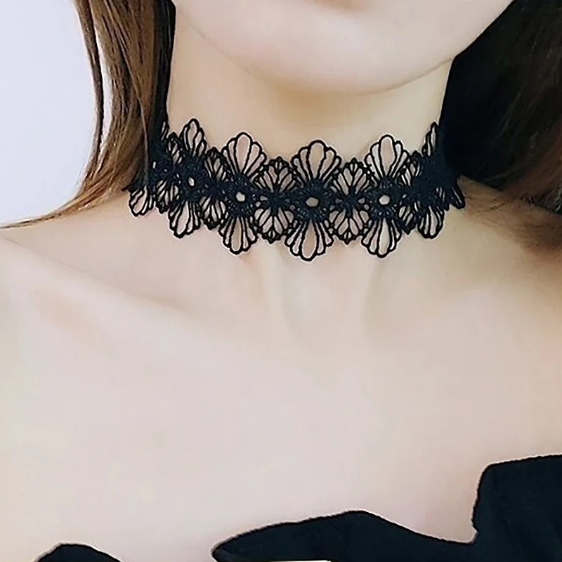 Gothic Black Lace Necklace For Women Girl Boho Crystal Pearl Sexy Lace Choker Punk Dark Lolita Style Halloween Jewelry