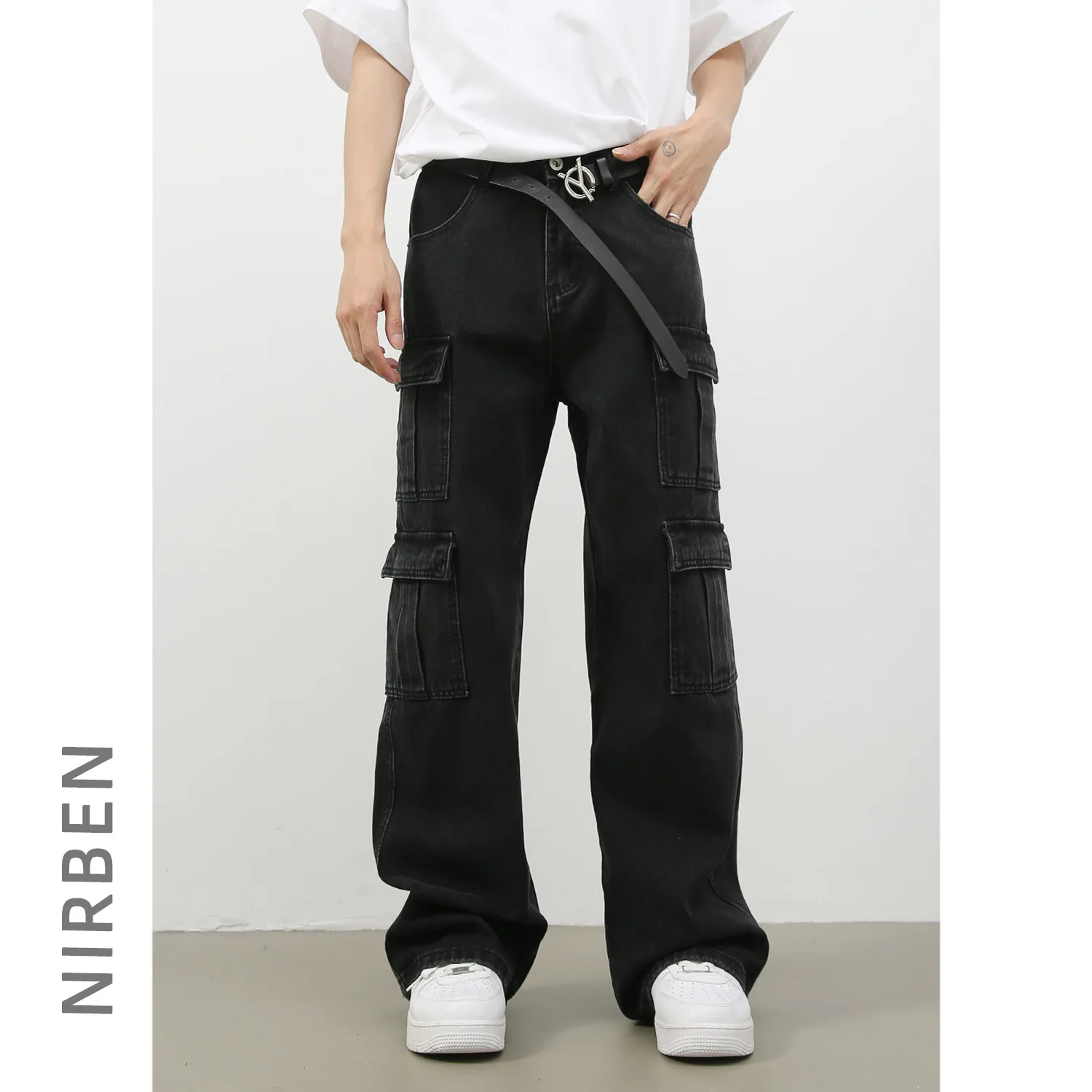 Denim American Washed Old Jeans Men's Retro Wide-leg Straight Multi-pocket Loose Trousers