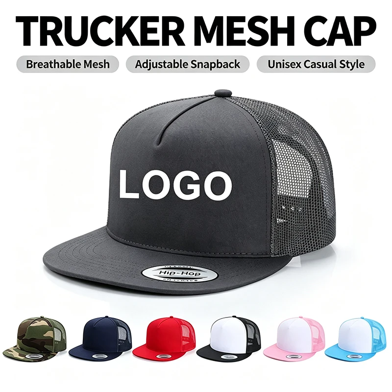 Custom Logo Hip Hop Trucker Hat Flat Brim Mesh Baseball Cap Men Women Summer Sun Protection Snapback