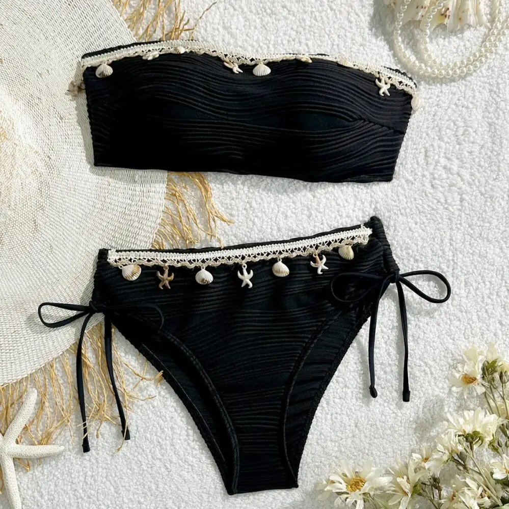 2026 New Sexy Solid Color Strapless Shell Decorated Women's Beach Vacation Swimwear Ropa Para Mujer