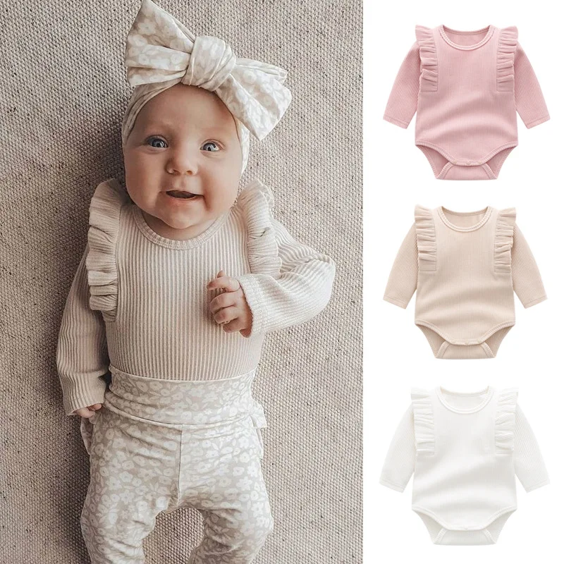 Spring Newborn Infant Baby Girls Romper + Headband Muslin Ruffle Long Sleeve Rompers Kids Onepiece Cotton Baby Clothing Garment 