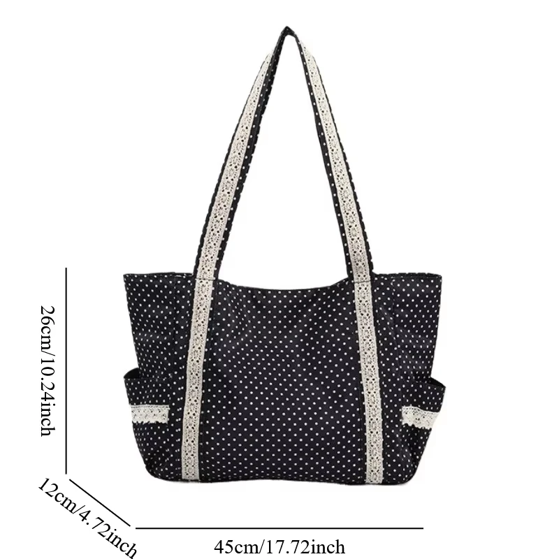 Women Shoulder Bag For Korean Vintage Canvas Cute Lace Large Capacity Tote Multi Pocket Handbag Fashion Round Dot Underarm Bag image 2