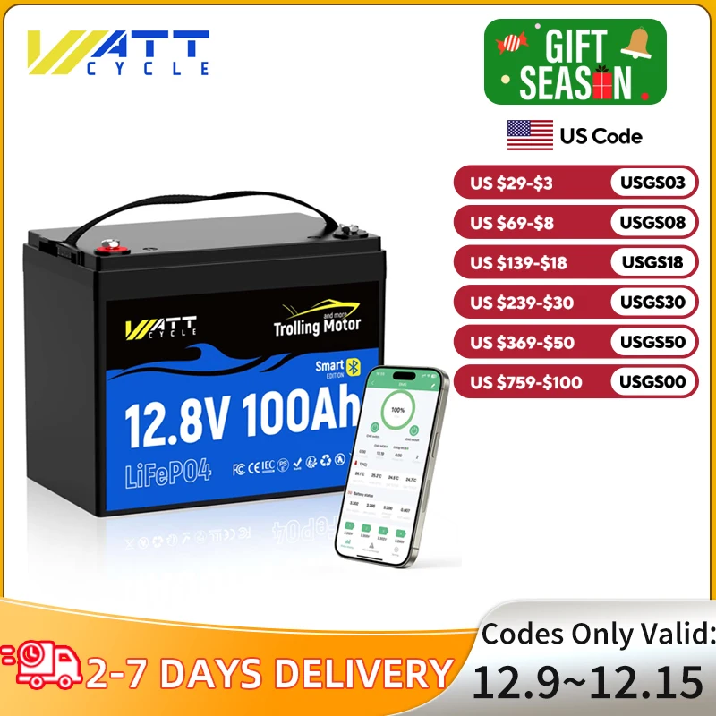 Wattcycle LiFePO4 Battery 12V 100A For Trolling Motors Bluetooth Real-time Status Monitor Control Lithium Iron Phosphate Battery