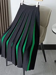 Women Knitted Pleated Skirt Fashion High Waist Elegant All-match Casual A-line Color Blocking Skirt Spring Autumn New