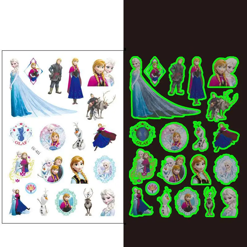 Frozen Anna Luminous Tattoo Sticker Cartoon Disney Princess Crianças Braço Rosto Brilhante Tatuagem Crianças Descartáveis Tatuagem Corporal