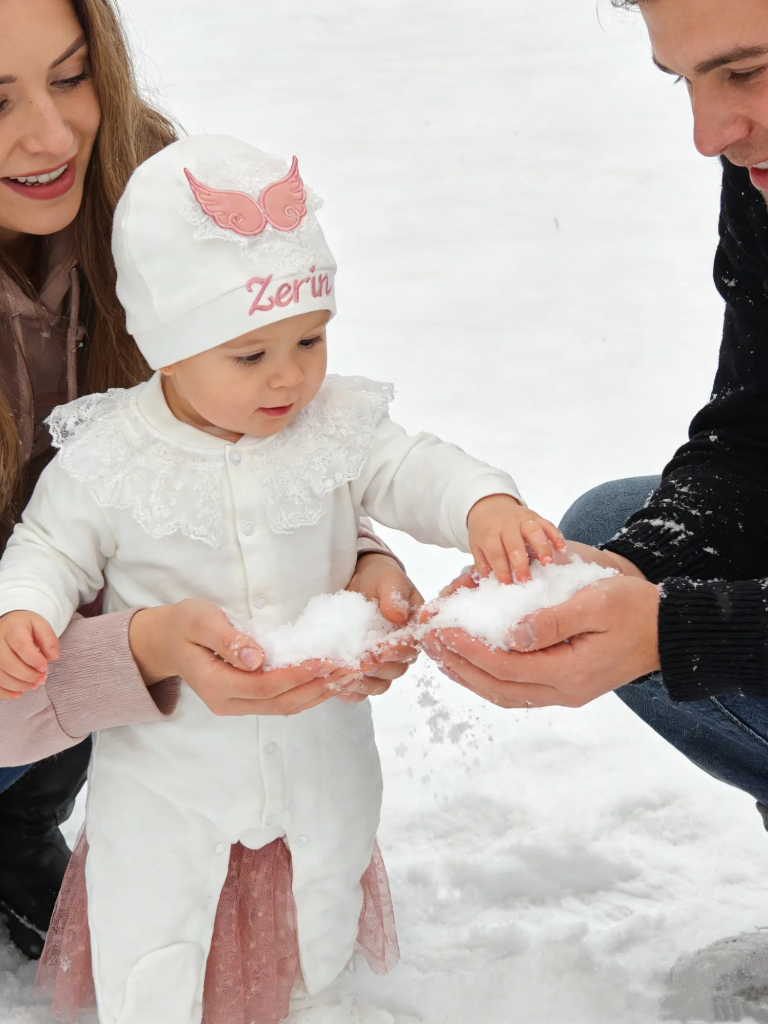 Newborn Girl Angel Gift Set- Onesie Hat Mittens with Zerin Name & Angel Wings Details