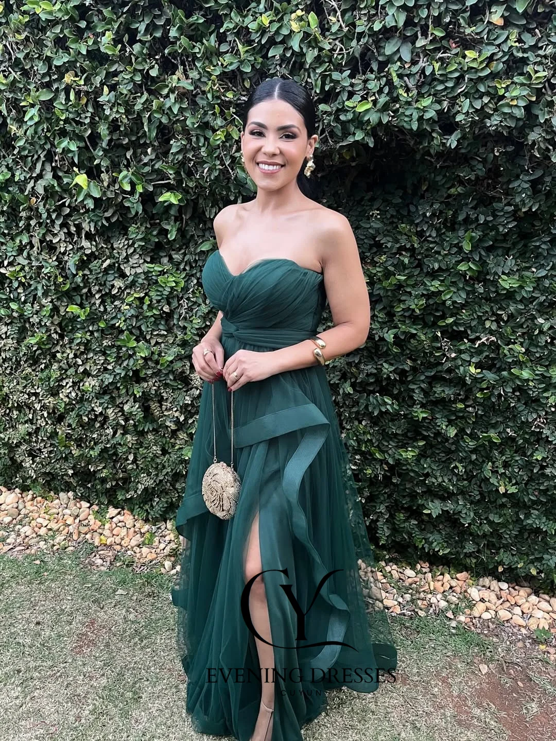 CUYUN 여성 정장 드레스 공식 행사용 스트랩리스 사이드 슬릿 프로무 드레스 맞춤형 부드러운 튤 우아한 파티 가운