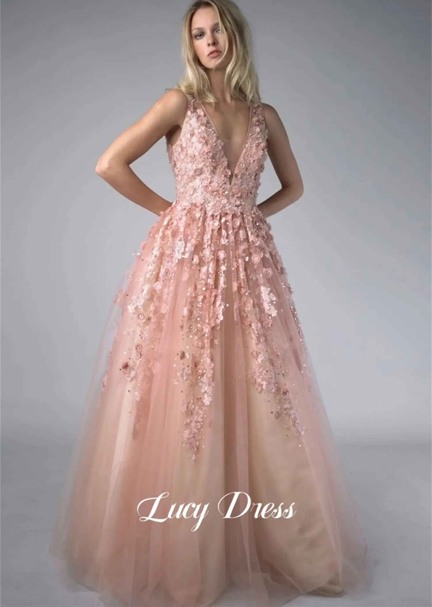 Lucy Line A 3D Flower Decoration Pink Party Dress Birthday V-neck Prom Women 2024 Elegant Dresses Evening Luxury Formal Gown