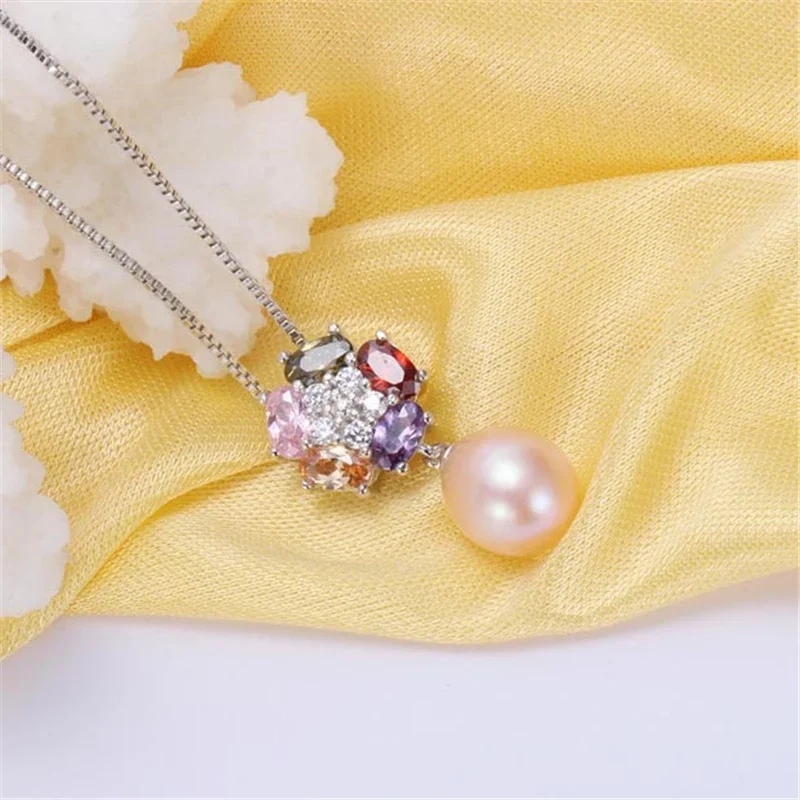 925 Sterling Silver Colorful Zircon Pendant Jewelry 100% Genuine Natural Freshwater Oval Pearl Necklace Women(No Chain)