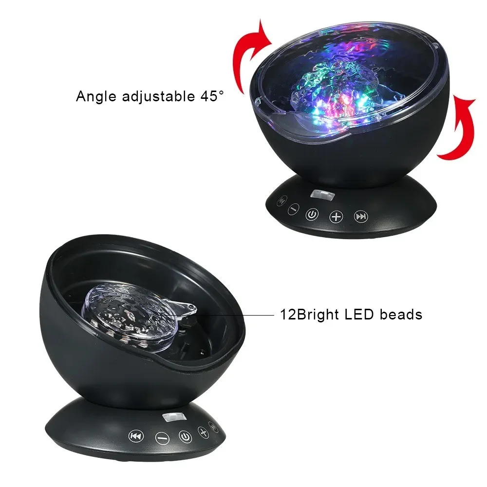مصباح بروجيكتور Ocean Wave 12 LED و7 ألوان أضواء ليلية مع 4 موسيقى منوم وجهاز تحكم عن بعد