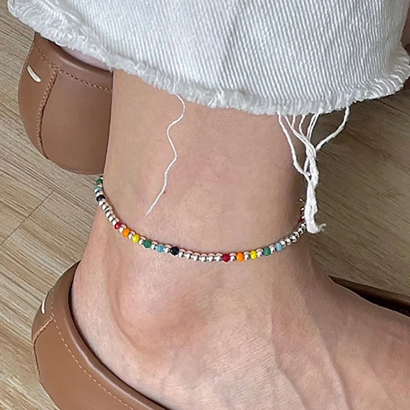 FOXANRY Multicolor Bead Chain Elastic Anklet for Women Couples Summer New Trendy Elegant  Holiday Beach Party Accessories Gifts