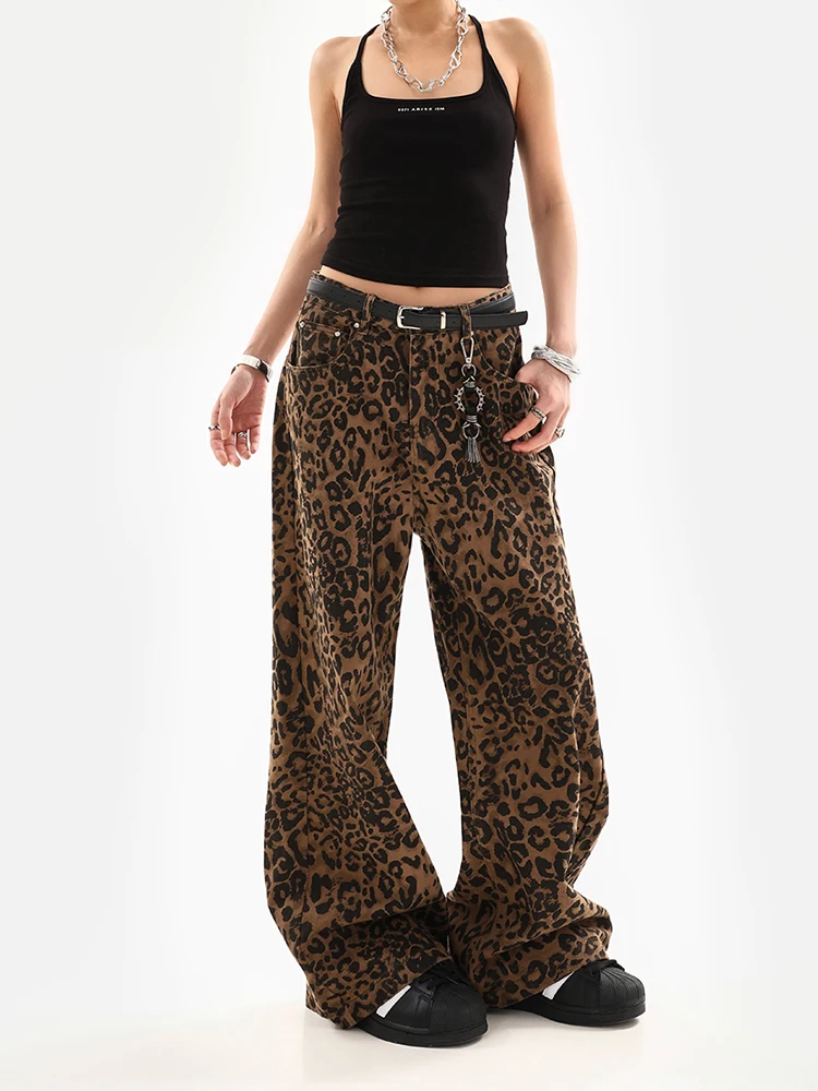 Jeans feminino retrô com estampa leopardo reto, calça feminina vintage, calças largas largas largas largas, streetwear, estilo de rua