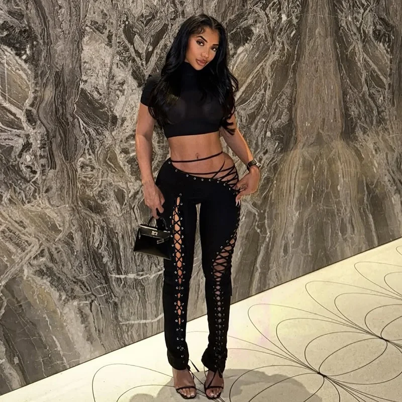 

Europe America 2025 Autumn Women's Clothing Solid-Color Halter-Neck Lace-Up Vest And Sexy Long Pants With Straps Two-Piece Set