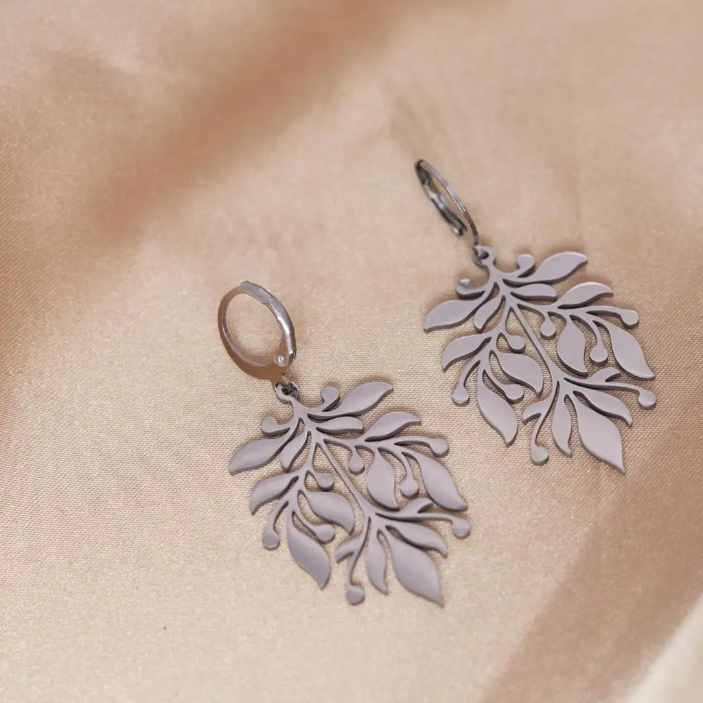 QIAMNI Vintage Leaf Huggies Hoop Earrings for Women Girls Stainless Steel Flower Leaf Drop Earring Birthday Jewelry Gift Bijoux