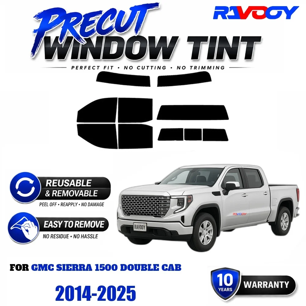 RAVOOY Precut Window Tint, Reusable Removable EPU Film, Custom Fit for Gmc Sierra 1500 Double Cab 2014-2025, UV Heat Protection