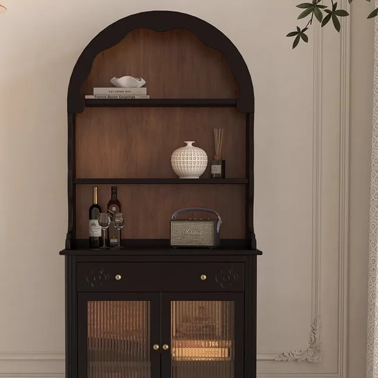 American retro arched door bookcase French solid wood round top cabinet Nordic simple black living room multi-functional locker