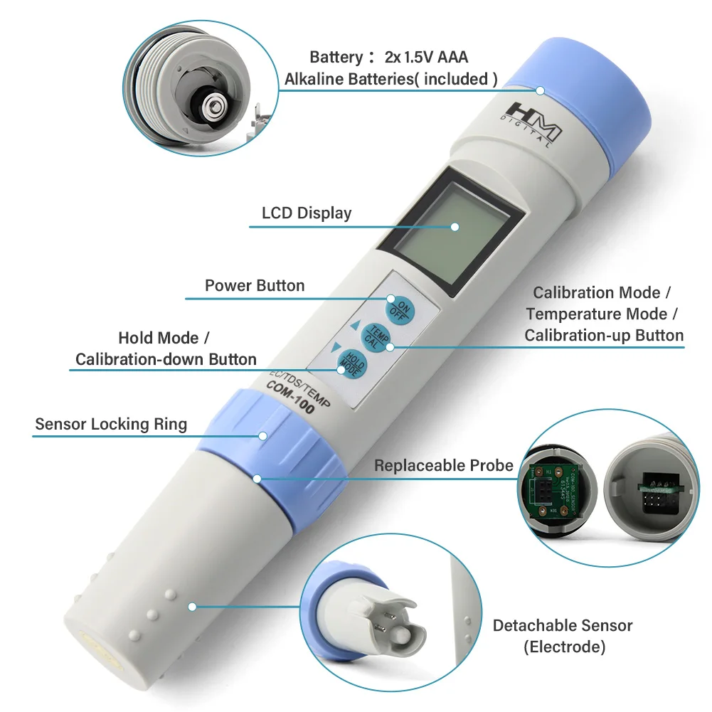 Probador multifuncional de calidad del agua Digital COM100 resistente al agua EC / TDS / Temp con IP67