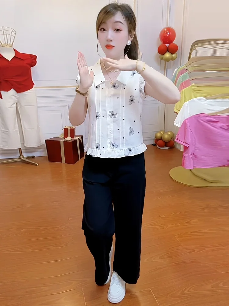 

Laid-ba Sle ort Sve Printed Ne irt Women's Faionable Slimming Summer Casual Korean Version Loose Fit irt