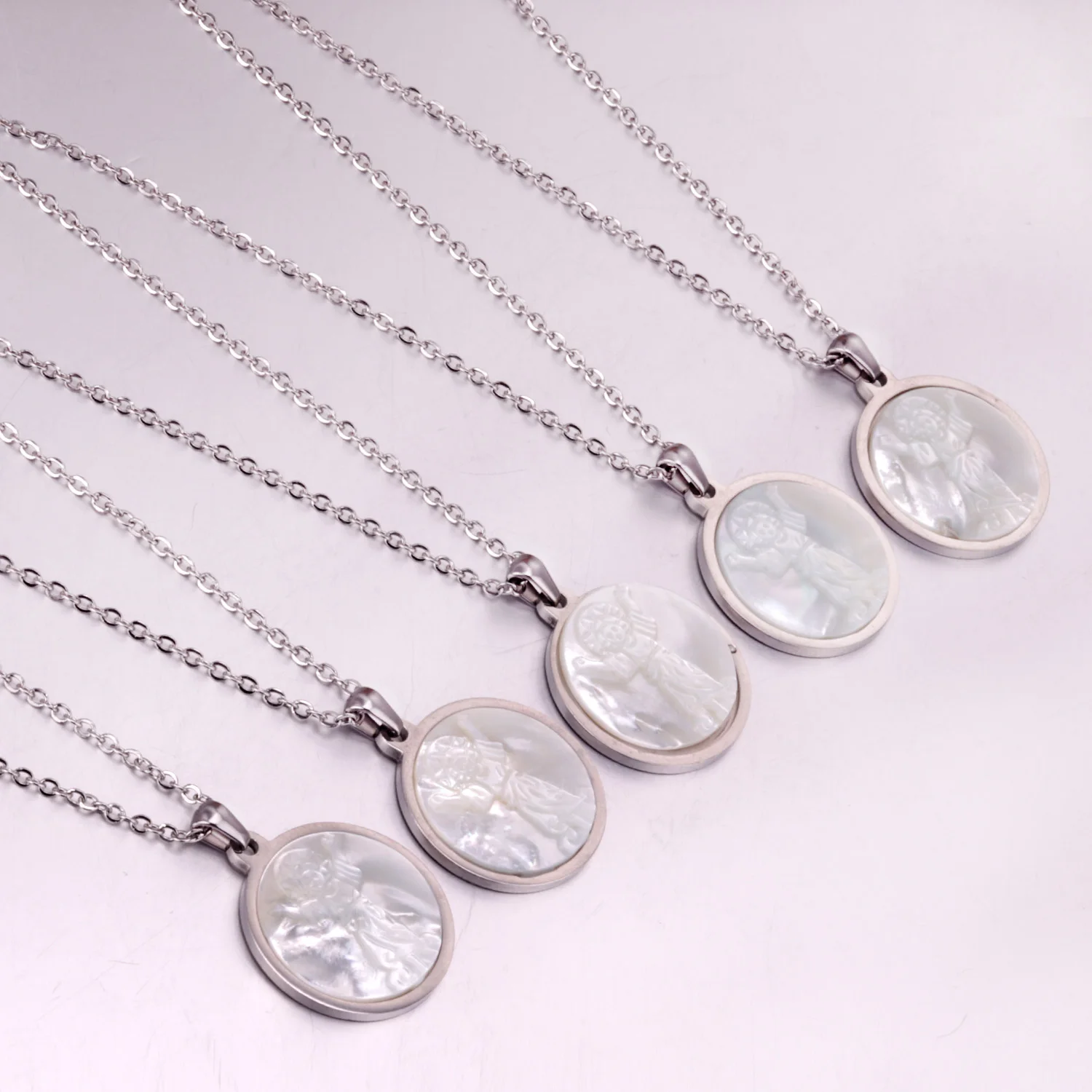 LUXUKISSKIDS Girl Prayer Christian Necklaces White Shell Stainless Steel Pendant Collier For Couple Godfather Angel Fine Jewelry
