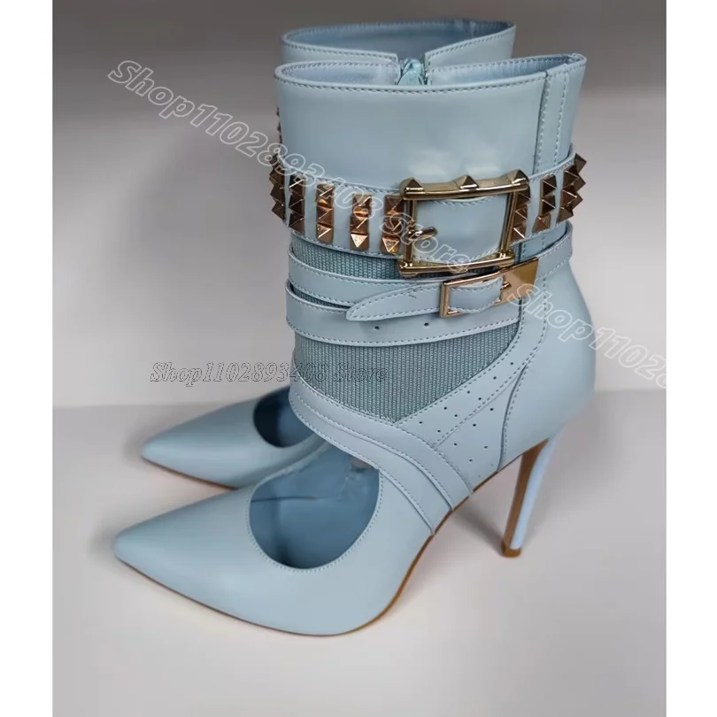 

Blue Splicing Rivet Decor Boots Personality New Stylish Side Zipper Design for Women Dress Party Boots 2025 Zapatos Para Mujere