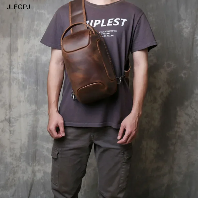 Retro Crazy Horse Leather Men's Cross Chest Bag Top Layer Leather Elliptical Multi Functional Phone Bag