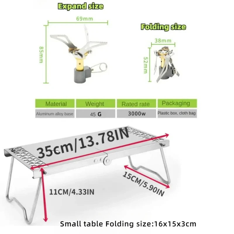 Outdoor Camping Stainless Steel Folding Gas Stove Table BBQ Portable Versatile Steel Table & Mini Burner Picnic Cooker